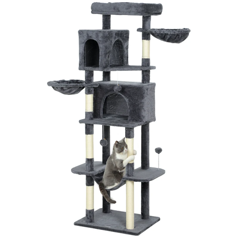 PawHut 69" Cat Tree, Multi-Level Cat Tower with 2 Condos, Plush Perch and Sisal Scratching Posts, Dark Grey