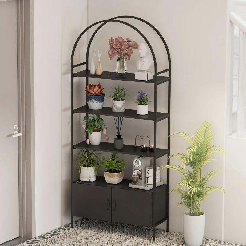 HOMCOM 4-Tier Arched Shelving Unit with Cabinet, Bookshelf for Living Room, Office, 31.5" x 11.8" x 73.6", Black