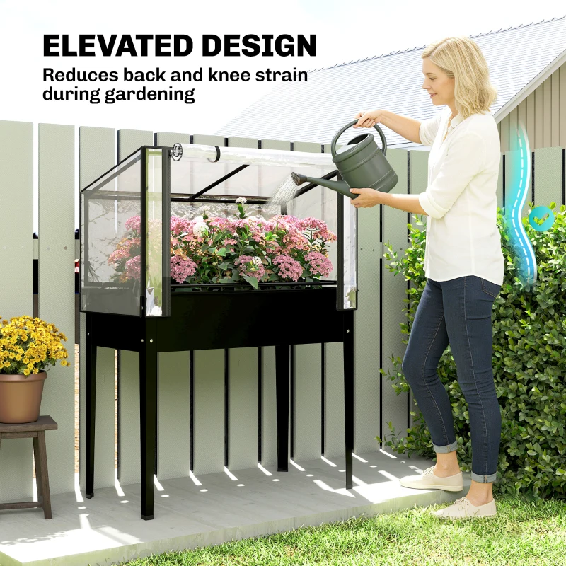 Outsunny Raised Garden Bed with Flip-Up Greenhouse Cover, Metal Elevated Garden Bed with Legs and Drainage Hole, Black