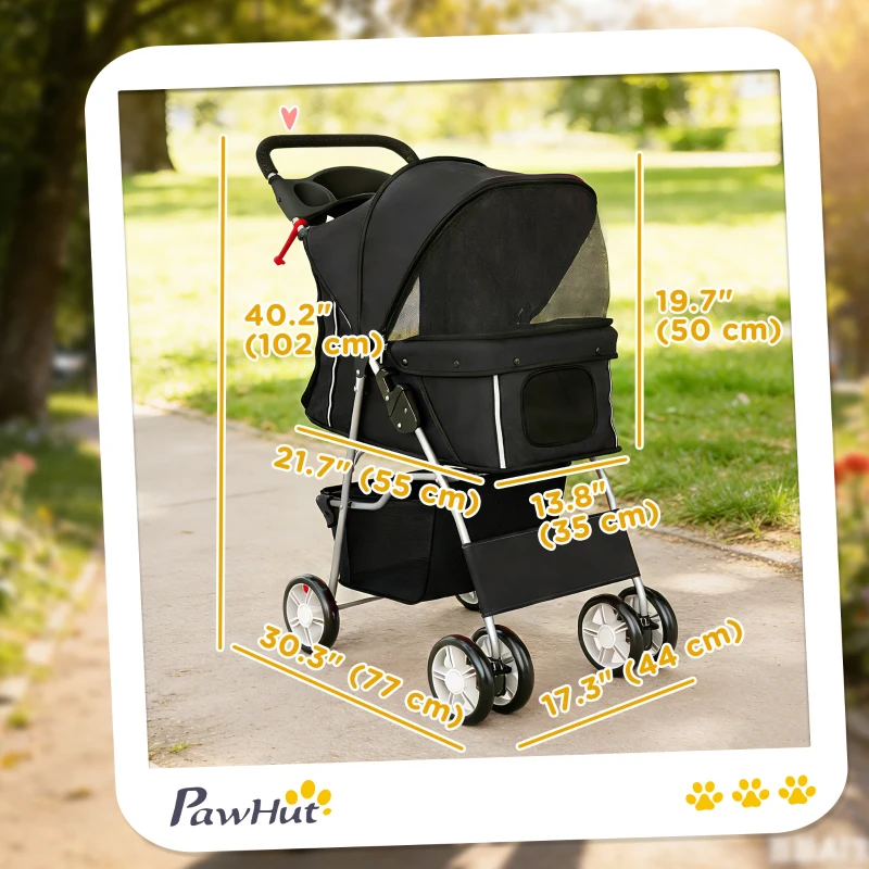 PawHut Pet Stroller with Reflective Strips, Foldable Cat Stroller with 360° Swivel Wheels for Small Dogs and Cats, Black