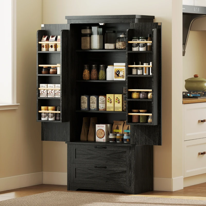 HOMCOM Farmhouse Kitchen Pantry Storage Cabinet, 64" Freestanding Kitchen Pantry Cabinet with Drawers, Distressed Black