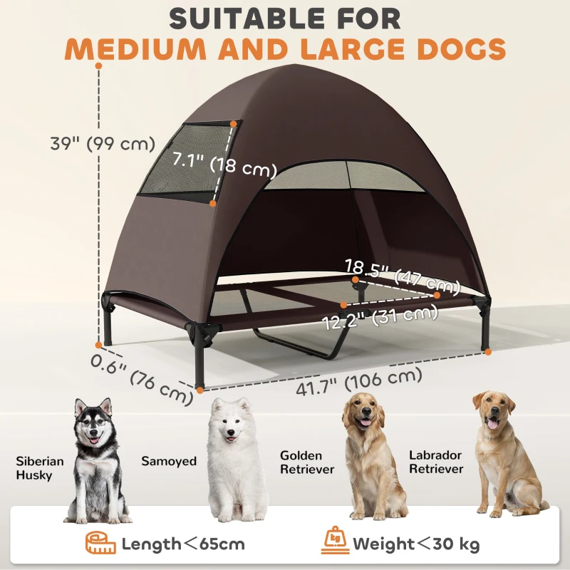 PawHut Elevated Dog Bed with Canopy Raised Dog Bed  Washable Mesh Steel Frame 41.7" x 29.9" x 39" Coffee