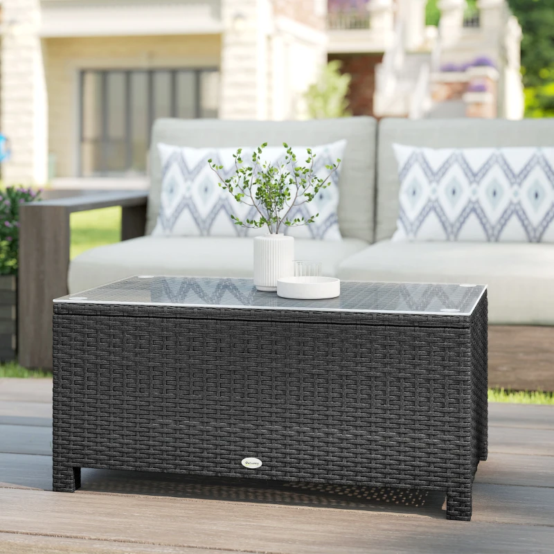 Outsunny PE Wicker Outdoor Coffee Table with Glass Top Garden Patio Table, Dark Grey