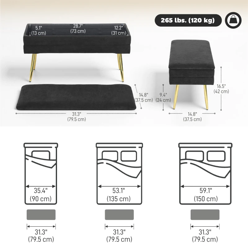 HOMCOM 31" Storage Ottoman, Velvet End of Bed Bench with Steel Legs, Foot Stool with Storage for Bedroom, Living Room, Black