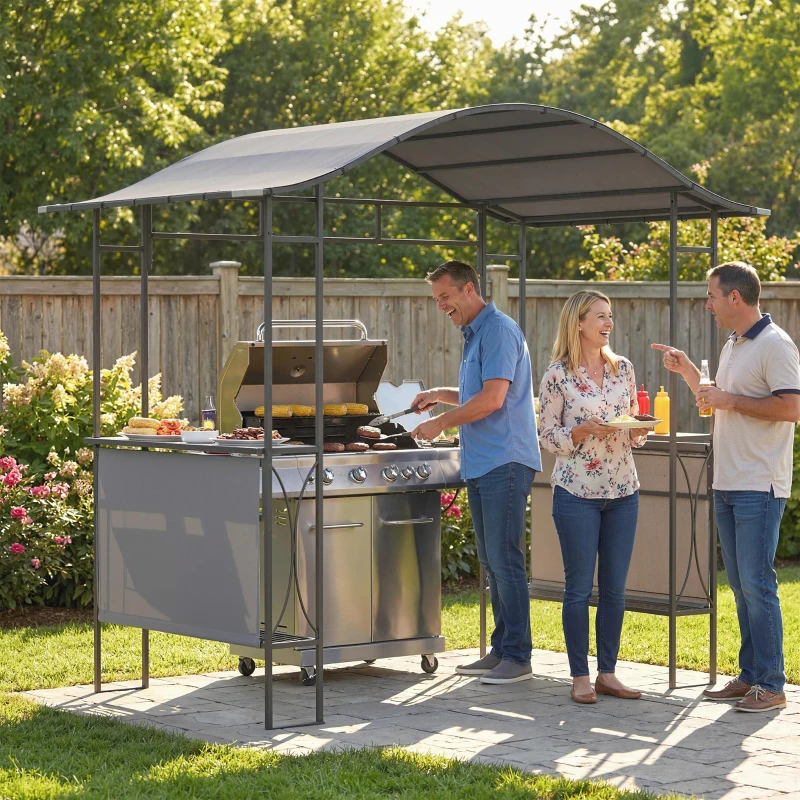 Outsunny 8' x 5' Grill Gazebo Canopy, Outdoor BBQ Shelter with 2 Side Shelves, Dark Grey