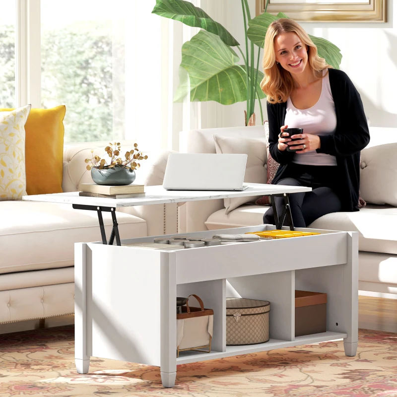 HOMCOM Lift Top Coffee Table, Modern Center Table with Storage Shelves and Hidden Compartment for Living Room, 41" L, White