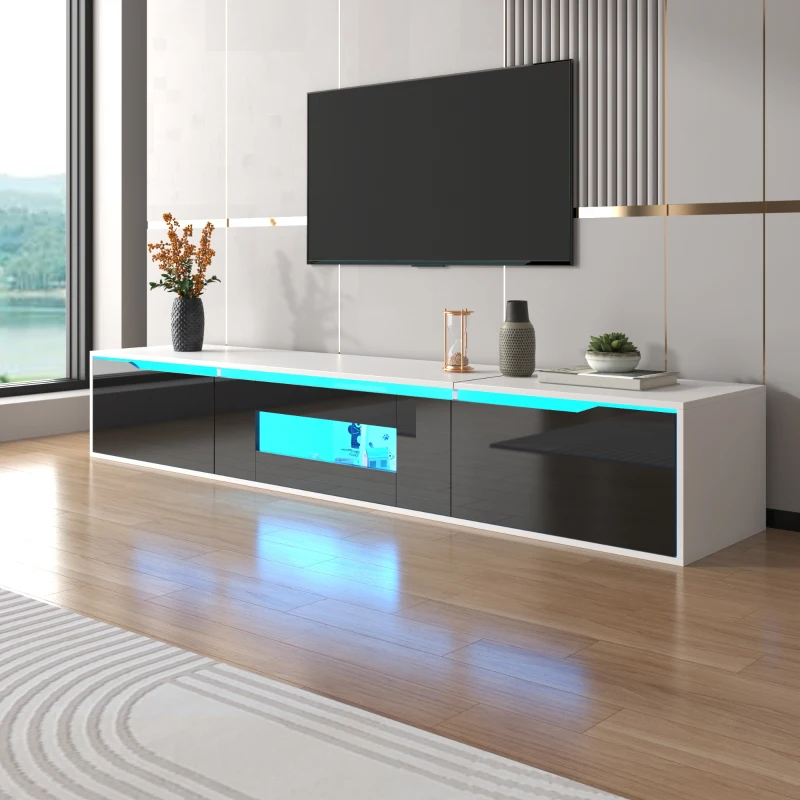 High-Gloss TV Stand with Colour-Changing LED Lighting and Versatile Mounting Options, Easy to Install, 71" L x 12" W x 12" H, Black+White
