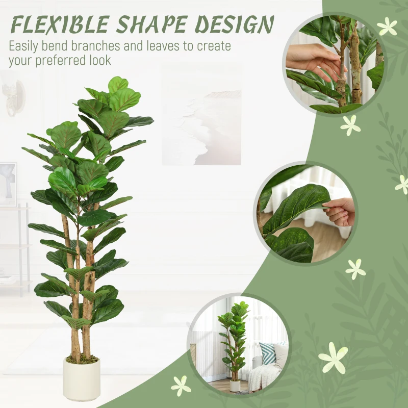 HOMCOM 5FT Artificial Fiddle Leaf Fig Tree, Fake Potted Tree with Solid Wood Trunks for Indoor Decor, Green