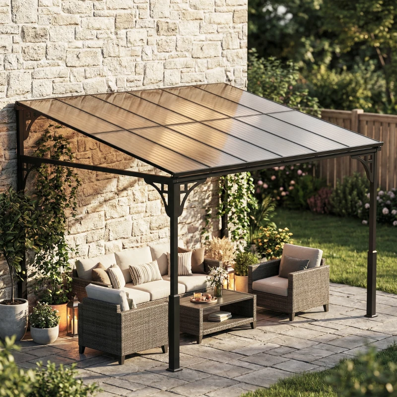 Outsunny 11' x 10' Outdoor Pergola, Wall Mounted Hardtop Lean-to Gazebo with Polycarbonate Roof and Metal-Aluminium Frame