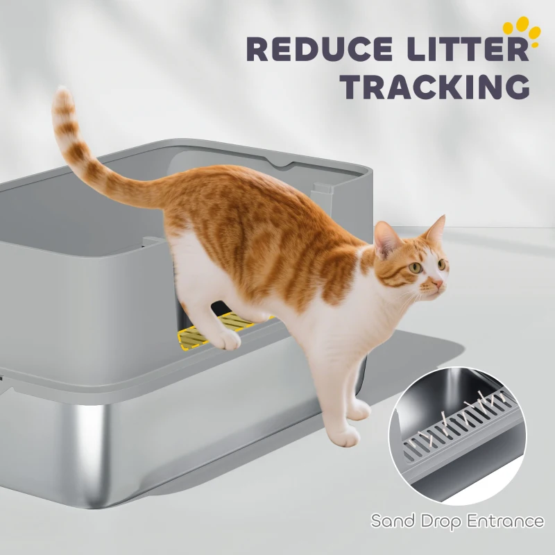 PawHut Stainless Steel Litter Box, XL High Sided Cat Litter Box with Scoop, Anti Leakage & Easy to Clean, 24" x 16" x 12", Grey