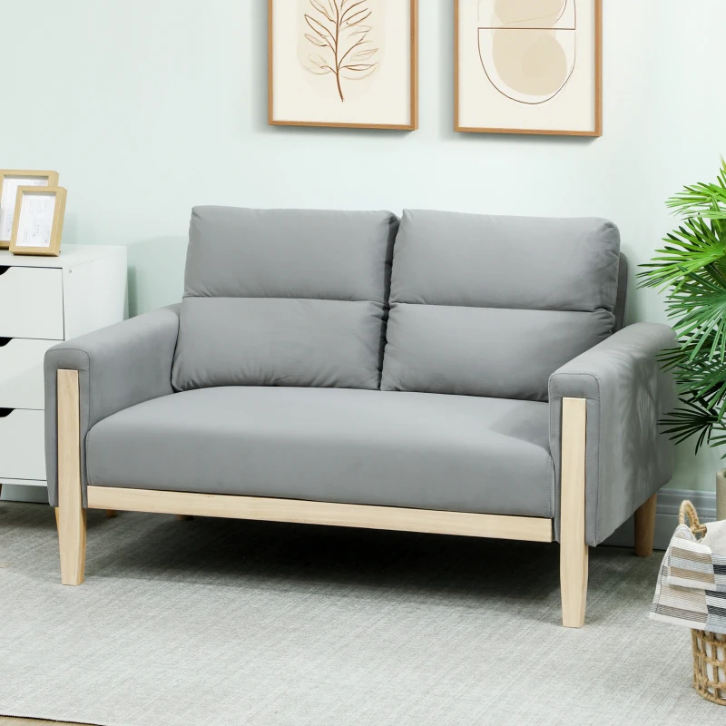 HOMCOM 53" Loveseat Sofa, Small 2 Seater Couch with Solid Wood Legs, Modern Velvet Sofa for Living Room, Small Spaces, Grey