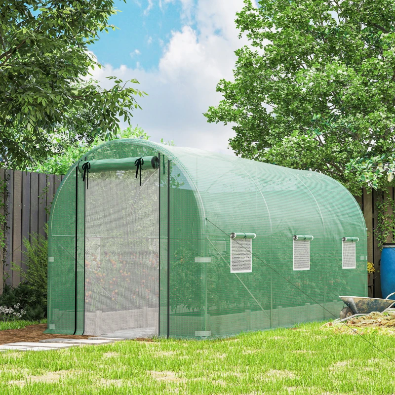 Outsunny Hoop House Greenhouse, Walk-in Tunnel Greenhouse with 2 Support Rods, Zippered Roll-up Mesh Door, 14.6'x6.5'x6.6', Green