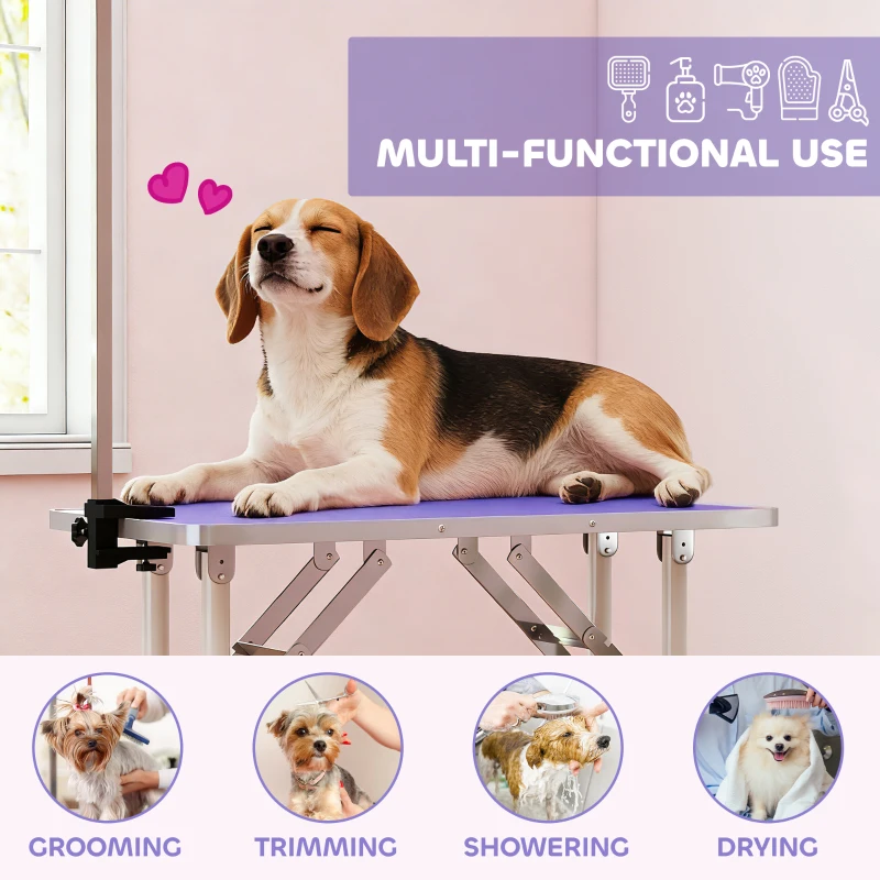 PawHut Foldable Pet Grooming Table for Dogs Cats with Adjustable Arm, Non-slip Surface, Purple