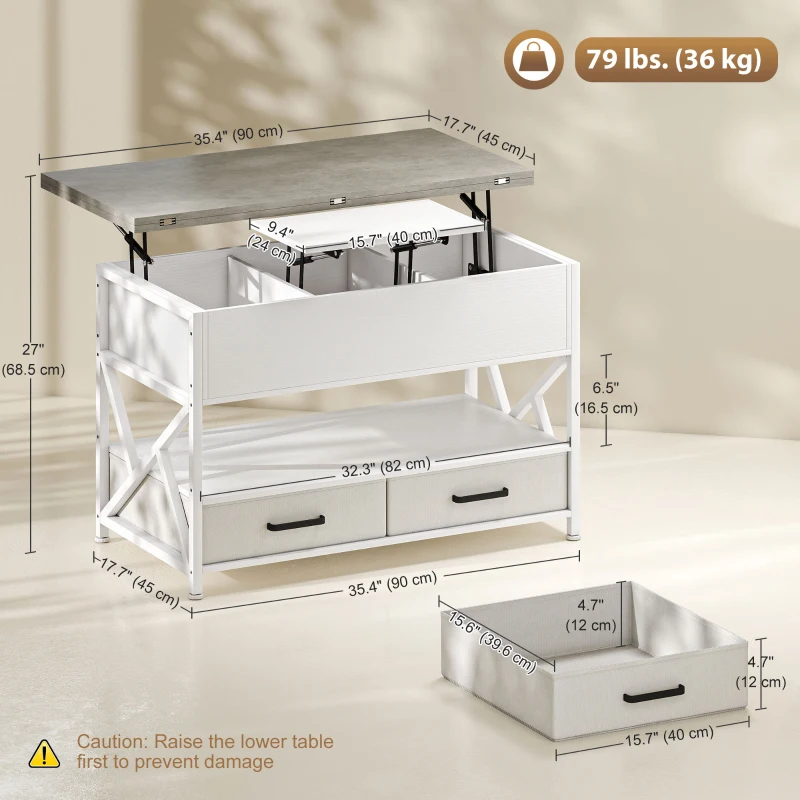 HOMCOM Modern Coffee Table, Lift Top Center Table with Fabric Drawers and Hidden Storage for Living Room, Cement Grey