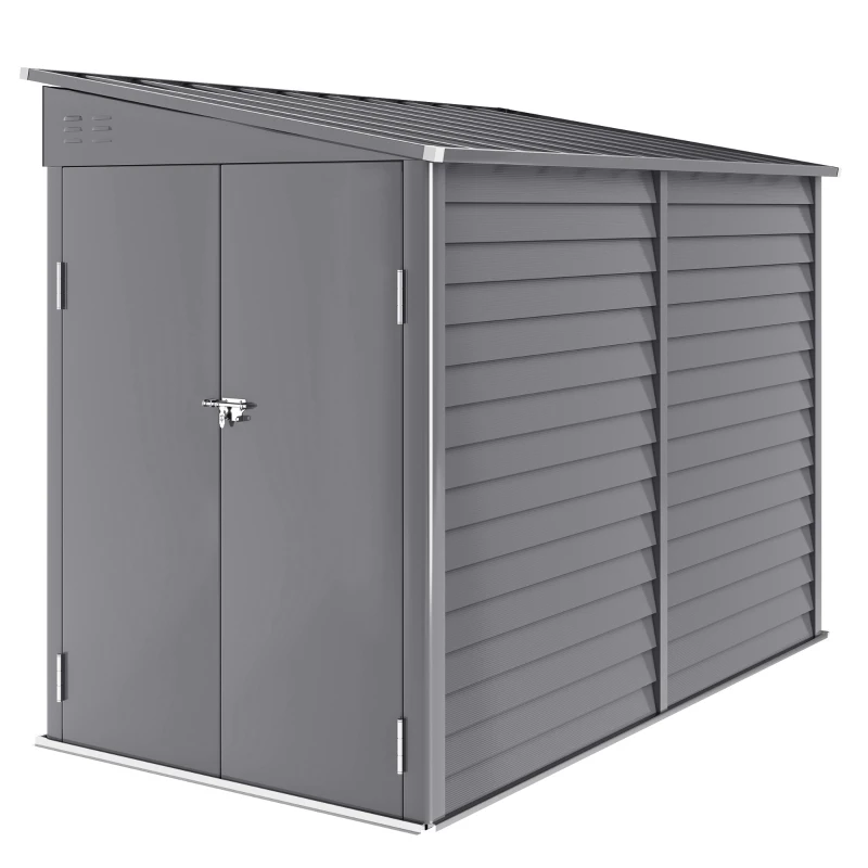 Outsunny 4.6' x 9' Steel Outdoor Storage Shed, Lean to Shed, Metal Tool House with Foundation Kit, Lockable Doors, Gloves and 2 Air Vents for Backyard, Patio, Lawn, Grey