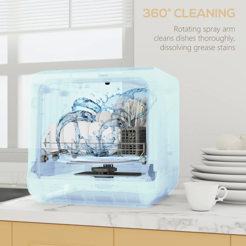 HOMCOM Countertop Dishwasher with Built-in 6L Water Tank, 5 Wash Programs, Touch Control, LED Display, Dual Water Supply, White