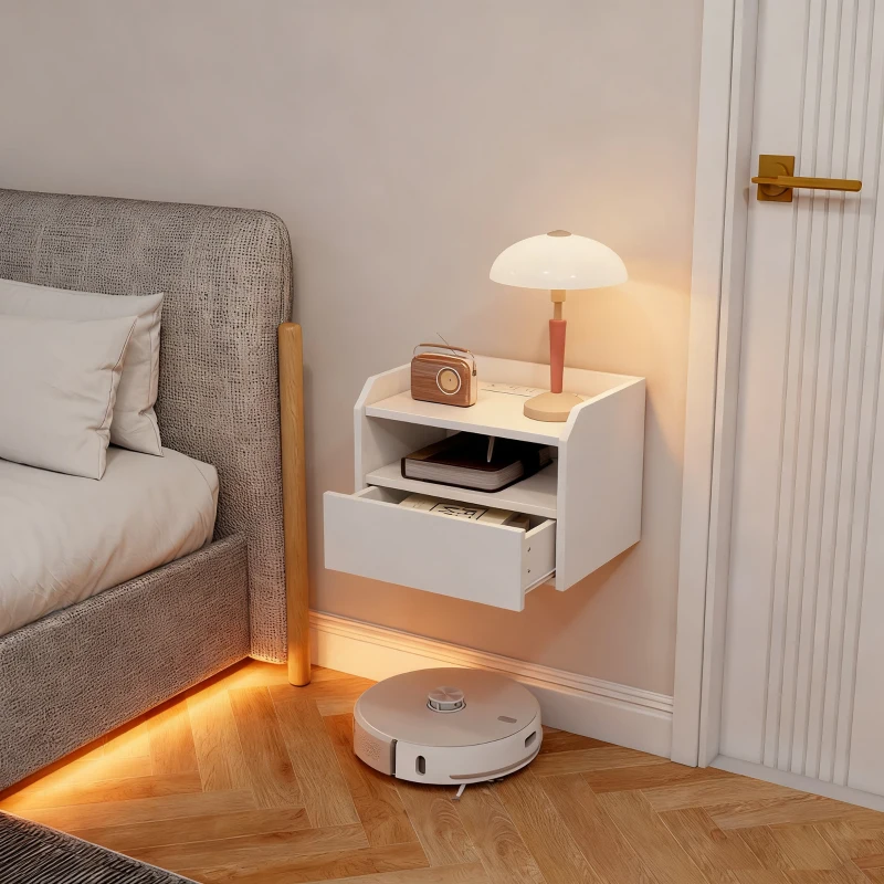 HOMCOM Wall Mounted Bedside Table, Set of 2 Floating Nightstand with Charging Station, Drawer and Open Shelf for Bedroom, White