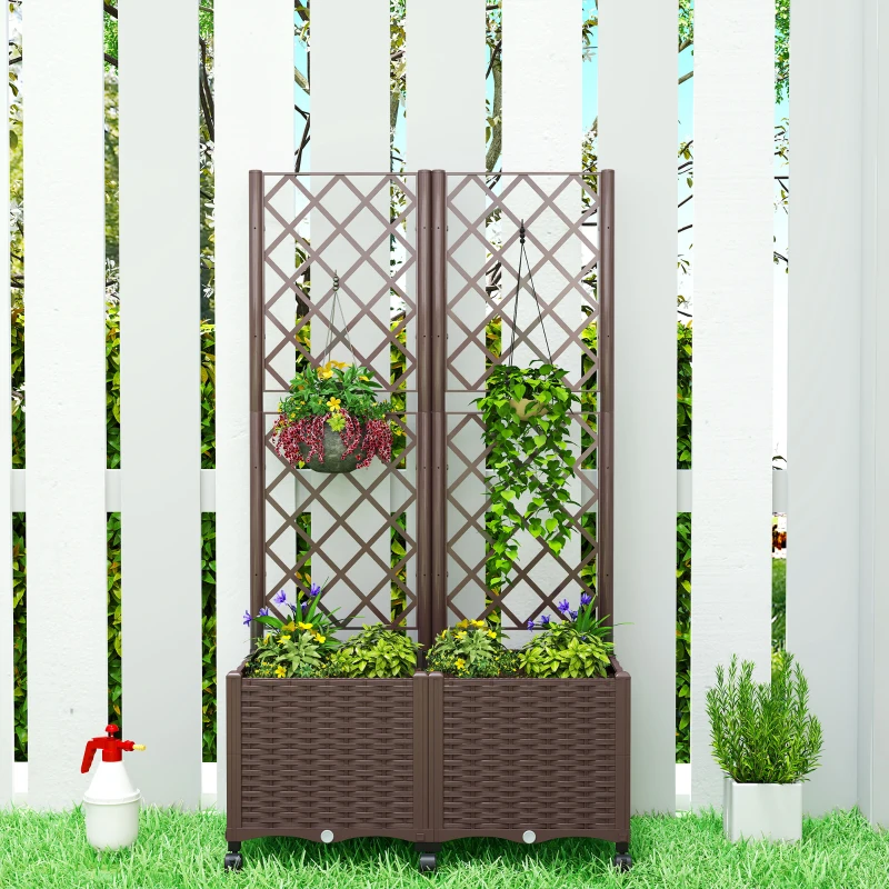 Outsunny Planter Box with Trellis, Self Watering Raised Garden Bed with Lockable Wheels and Drainage Holes, Brown