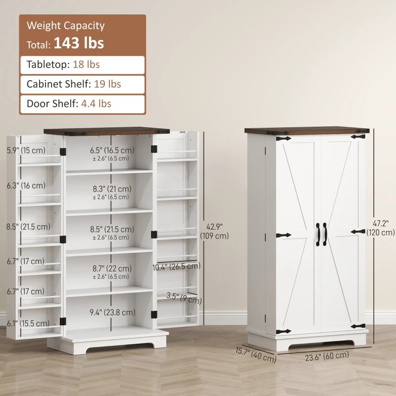 HOMCOM 47" Kitchen Pantry Storage Cabinet, Farmhouse Kitchen Pantry Cabinet with Adjustable Shelves and Door Shelves, White