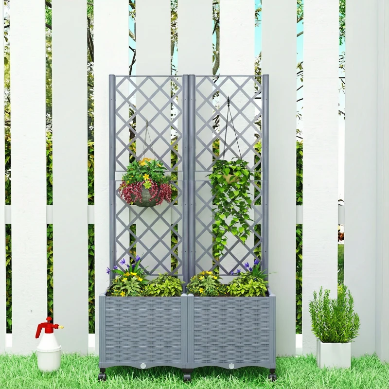 Outsunny Planter Box with Trellis, Self Watering Raised Garden Bed with Lockable Wheels and Drainage Holes, Gray