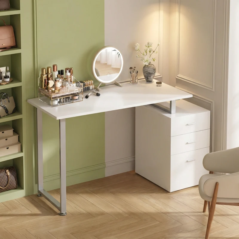 HOMCOM 47" Computer Desk Writing Table Workstation with Multi-Use Reversible File Drawers Metal Frame Home Office Furniture, White