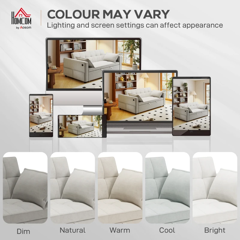 HOMCOM 3‑in‑1 Convertible Sofa Bed, Pull Out Sleeper Sofa with USB Charging, Adjustable Backrest, Side Pockets, Beige