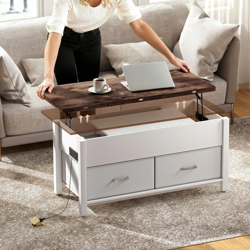 HOMCOM Lift Top Coffee Table, Center Table with 3 Hidden Compartments, 2 Fabric Drawers, Expandable Top and Charging Station
