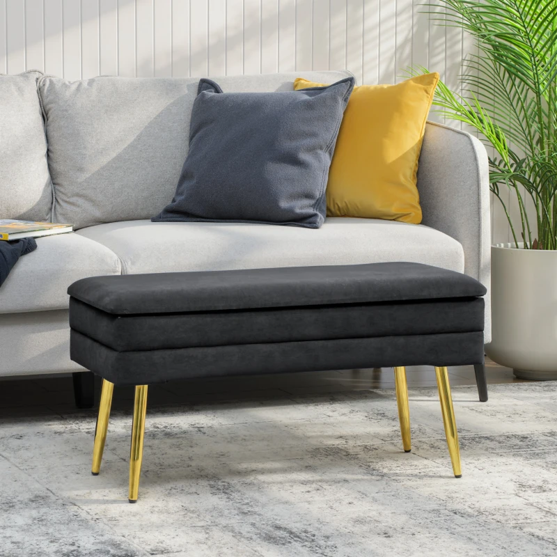 HOMCOM 31" Storage Ottoman, Velvet End of Bed Bench with Steel Legs, Foot Stool with Storage for Bedroom, Living Room, Black