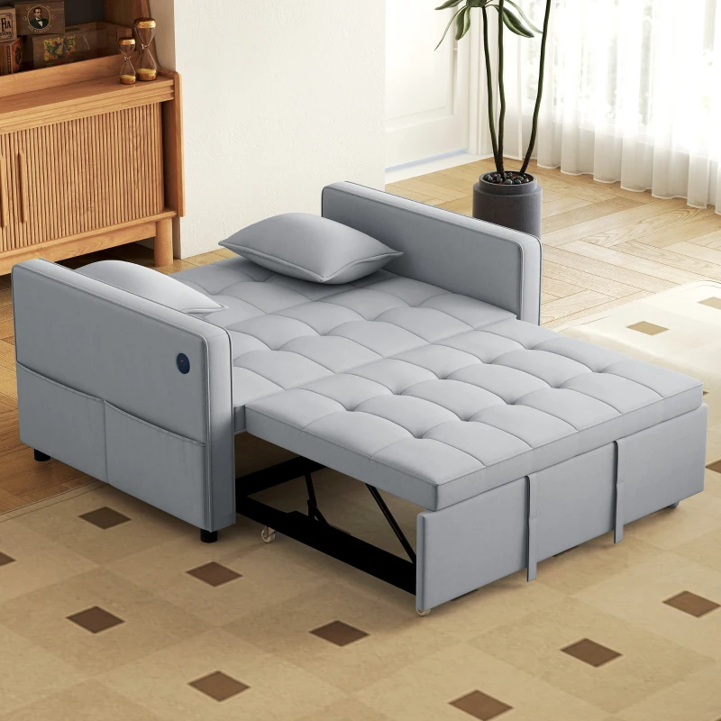 HOMCOM 3‑in‑1 Convertible Sofa Bed, Pull Out Sleeper Sofa with USB Charging, Adjustable Backrest, Side Pockets, Light Grey