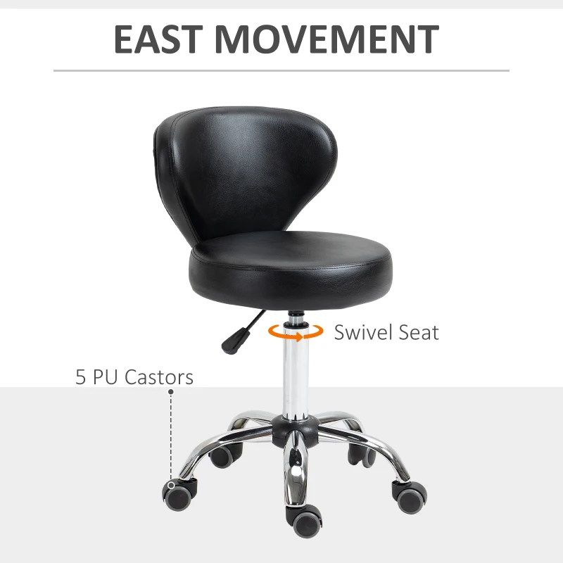 HOMCOM Adjustable Swivel Salon Stool with Backrest and Wheels, Office & Living Room Chair, Synthetic Leather, Black