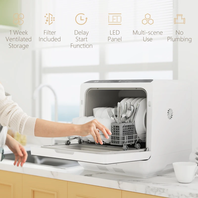 HOMCOM Countertop Dishwasher with Built-in 6L Water Tank, 5 Wash Programs, Touch Control, LED Display, Dual Water Supply, White