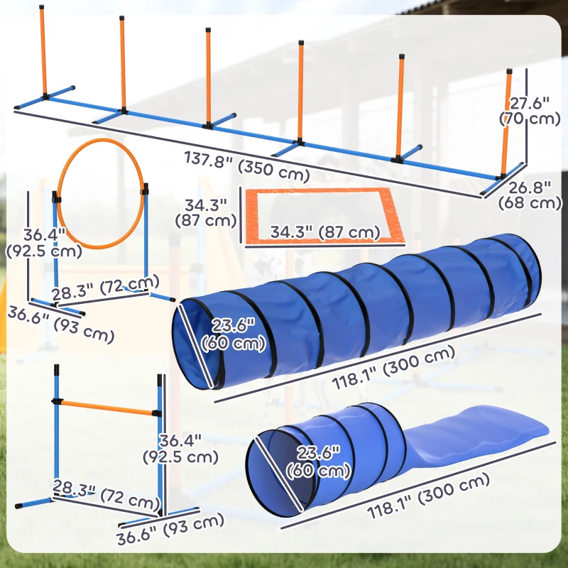 PawHut 11-Piece Dog Agility Training Equipment Set, Pet Obstacle Course with 2 Tunnels, Adjustable Jumps, Orange Blue