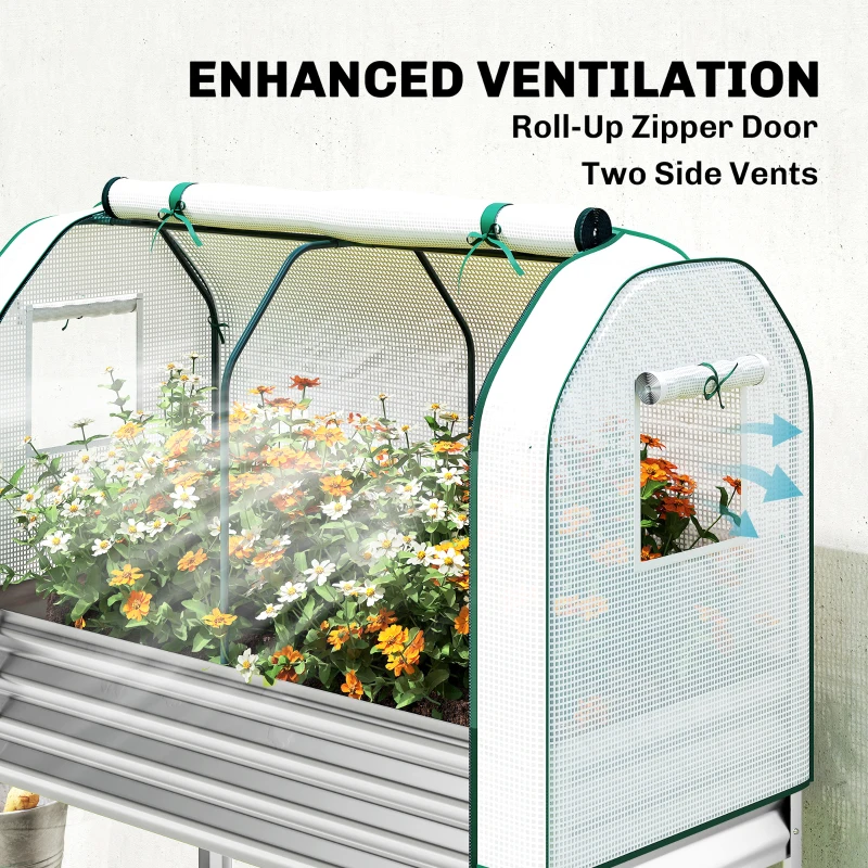 Outsunny Galvanised Raised Garden Bed with Greenhouse Cover, Metal Elevated Garden Bed with Bed Liner, Bottom Shelf, Silver