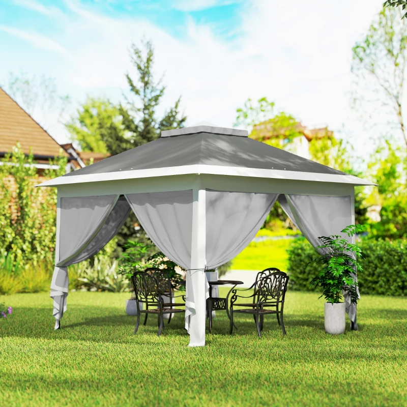 Outsunny 11' x 11' Pop Up Gazebo, Double Roof Foldable Height Adjustable Canopy Tent with Mesh Sidewalls, Carrying Bag, Dark Grey