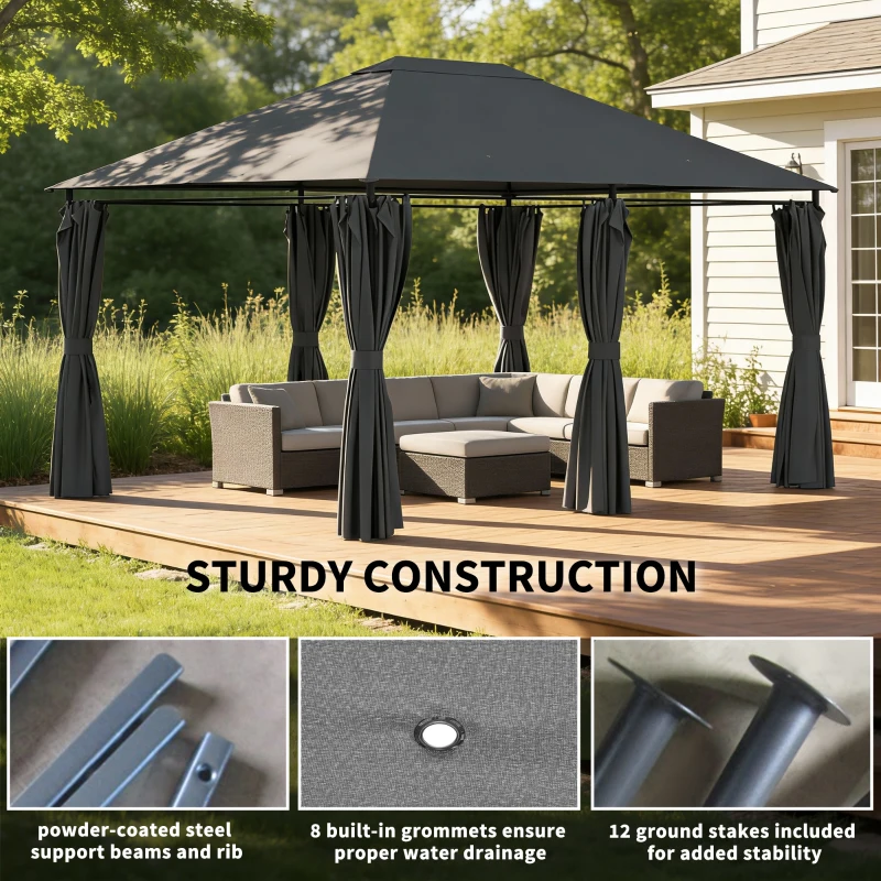 Outsunny 13'x 10' Soft-top Steel Patio Gazebo Canopy Party Tent with 6 Removable Curtains and Drainage Holes, Dark Grey