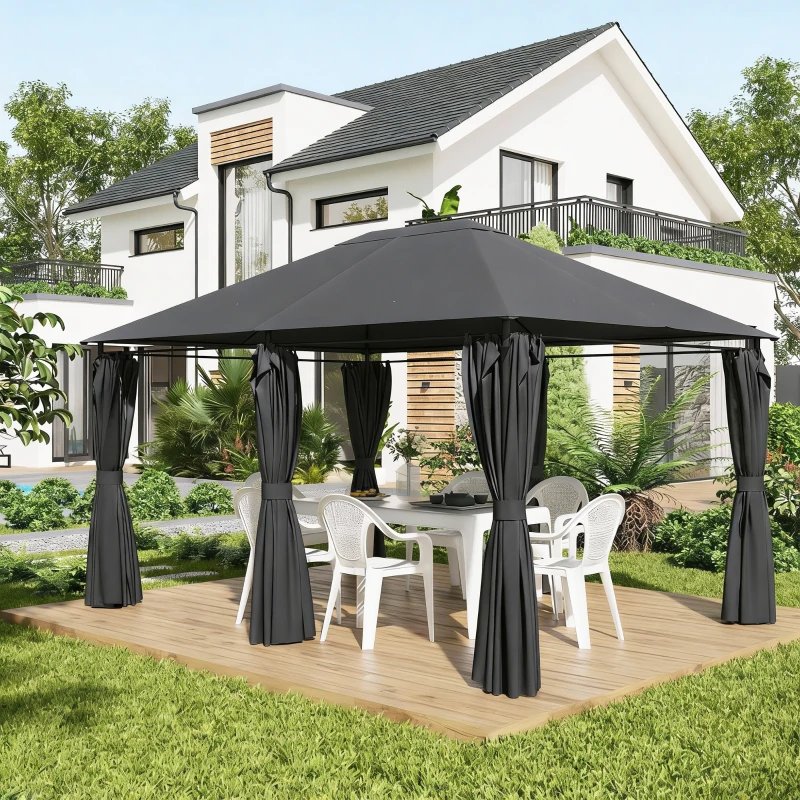 Outsunny 13'x 10' Soft-top Steel Patio Gazebo Canopy Party Tent with 6 Removable Curtains and Drainage Holes, Dark Grey