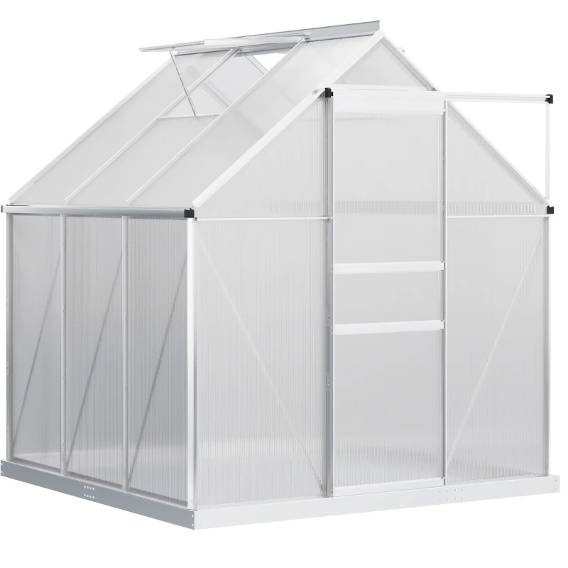 Outsunny 6' x 6' x 6.5' Polycarbonate Greenhouse, Walk-in Green House with Adjustable Roof Vent, Galvanized Base, Sliding Door and Rain Gutter for Outdoor, Garden, Backyard, Clear