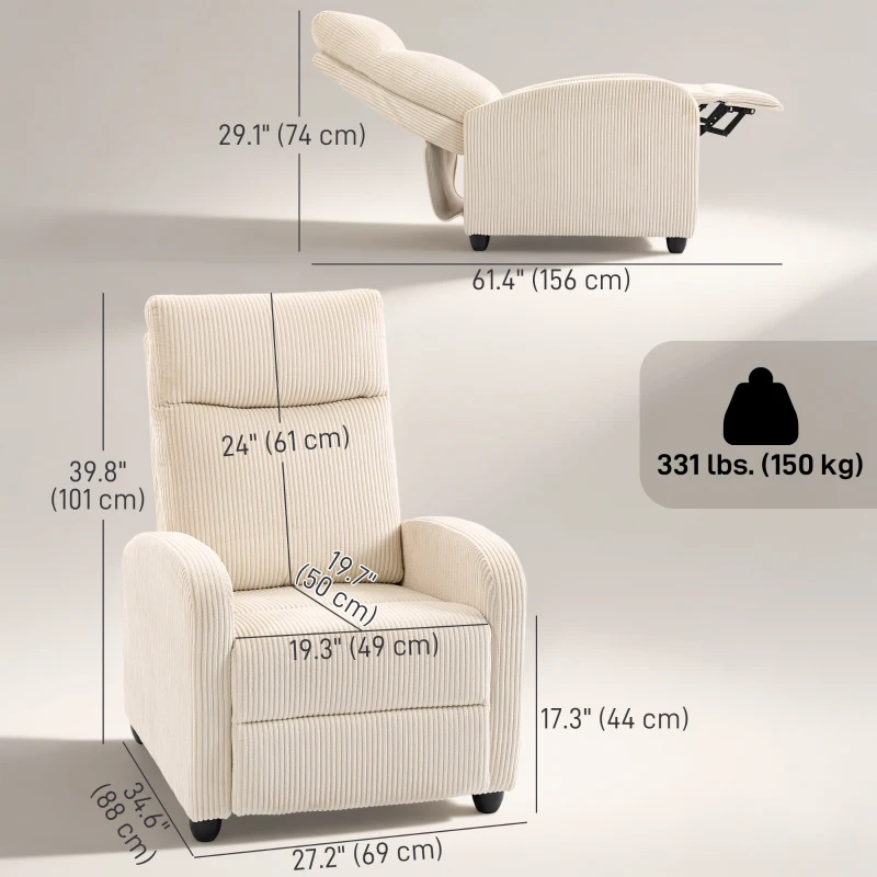 HOMCOM Fabric Recliner Chair Manual Home Theater Seating Single Reclining Sofa Chair with Padded Seat for Living Room, Beige