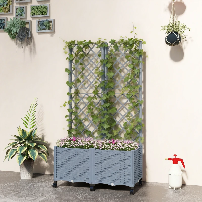 Outsunny Planter Box with Trellis, Self Watering Raised Garden Bed with Lockable Wheels and Drainage Holes, Gray