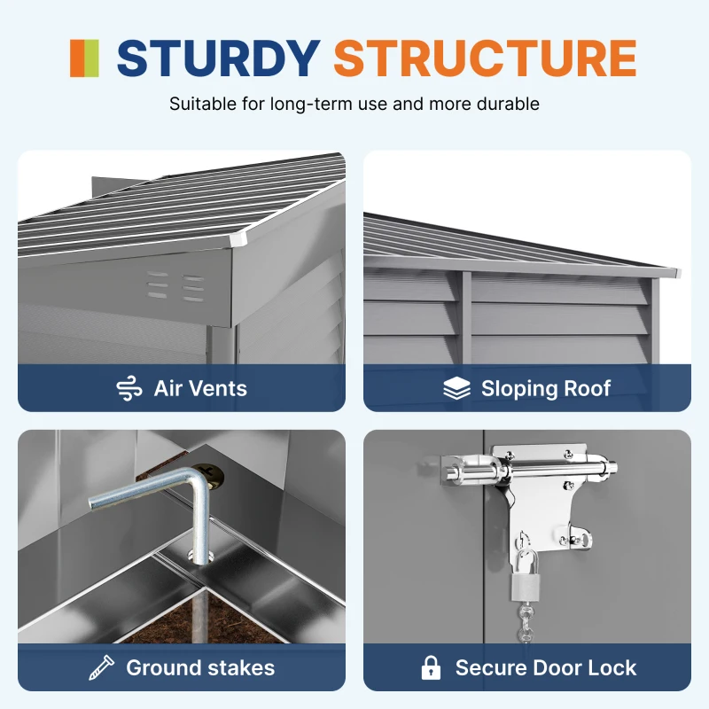 Outsunny 4.6' x 9' Steel Outdoor Storage Shed, Lean to Shed, Metal Tool House with Foundation Kit, Lockable Doors, Gloves and 2 Air Vents for Backyard, Patio, Lawn, Grey