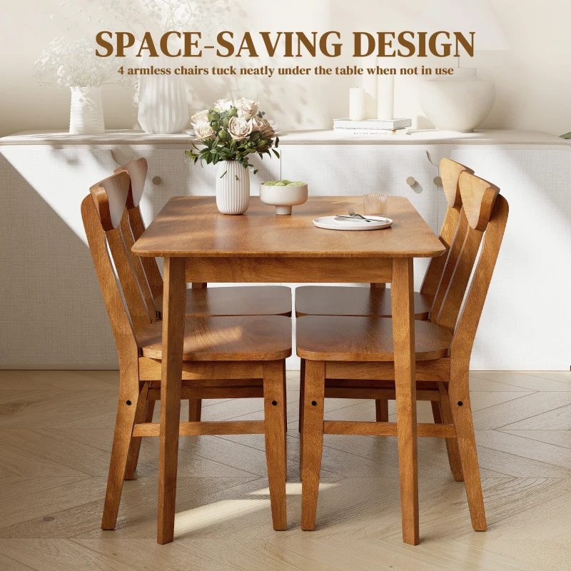 HOMCOM 5-Piece Solid Wood Dining Room Set for 4, Farmhouse Dinette Table Set with 4 Chairs for Small Space, Dining Room, Walnut