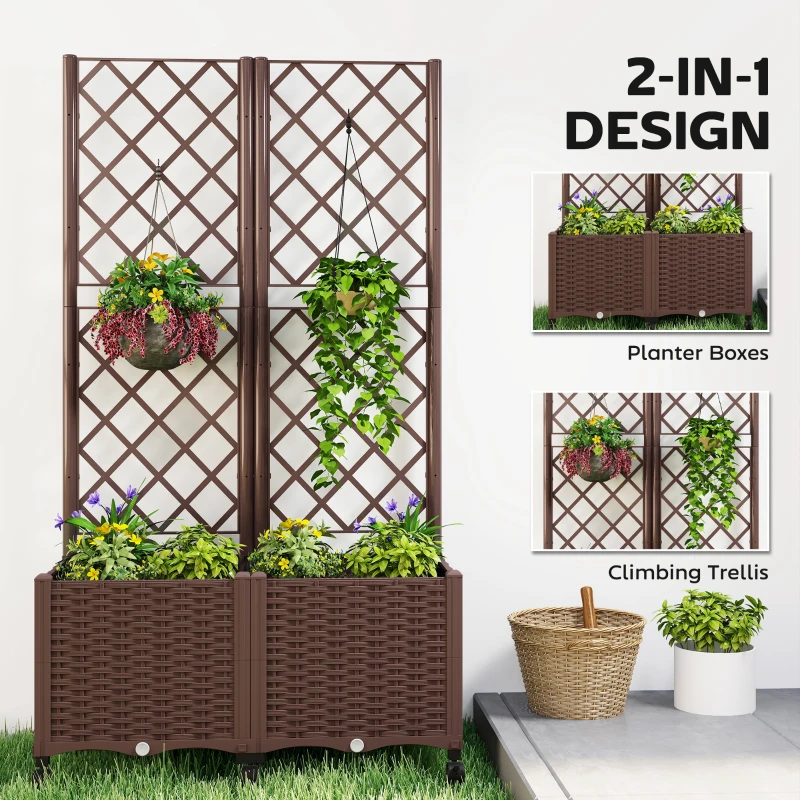 Outsunny Planter Box with Trellis, Self Watering Raised Garden Bed with Lockable Wheels and Drainage Holes, Brown