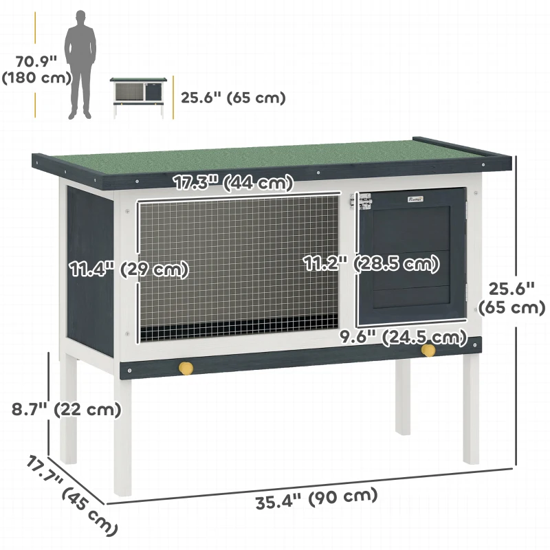 PawHut Wooden Outdoor Rabbit Hutch for Small Pet w/ Slide-out Tray, Openable Roof, 35" W x 18" D x 26" H, Dark Grey
