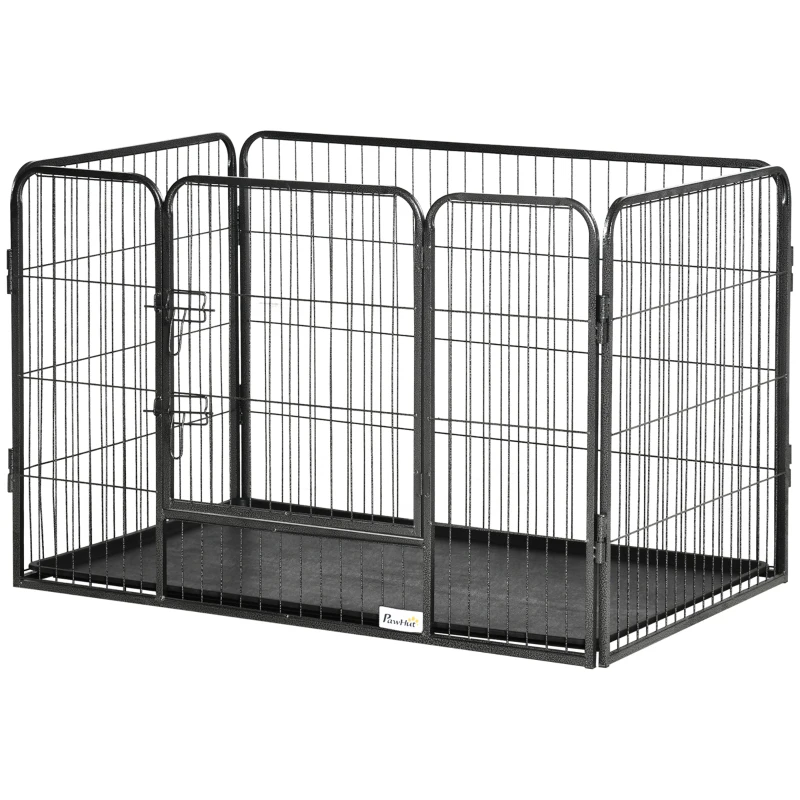 PawHut 4 Panels Dog Playpen, Heavy Duty Dog Fence, 28" H Portable Pet Playpen with Door Double Locking Latches, Tray, Grey