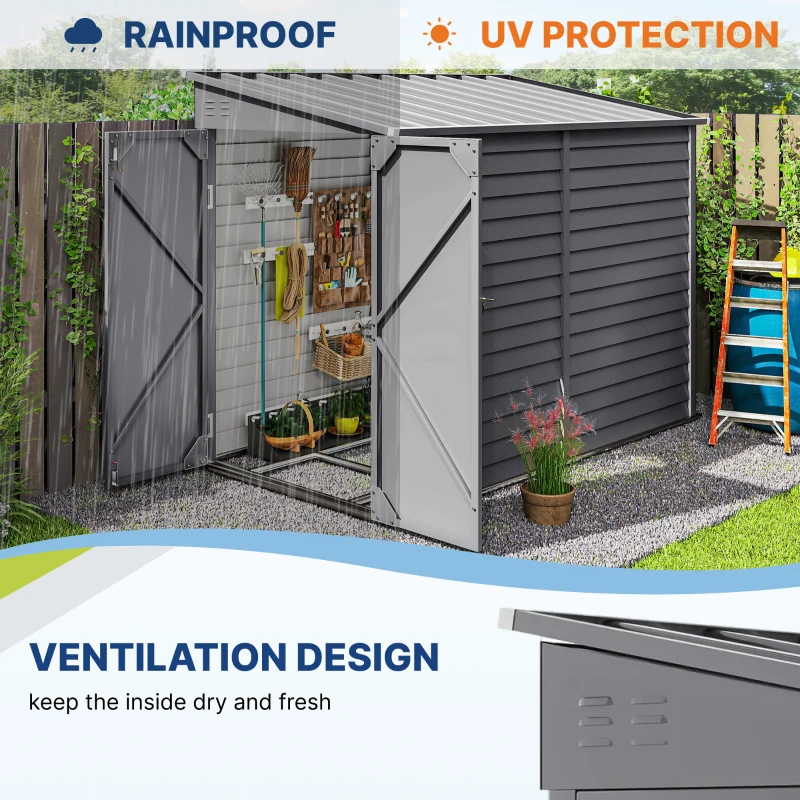 Outsunny 4.6' x 9' Steel Outdoor Storage Shed, Lean to Shed, Metal Tool House with Foundation Kit, Lockable Doors, Gloves and 2 Air Vents for Backyard, Patio, Lawn, Grey