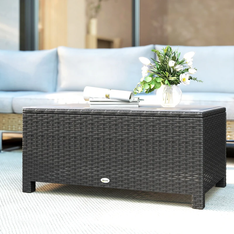 Outsunny PE Wicker Outdoor Coffee Table with Glass Top Garden Patio Table, Dark Grey