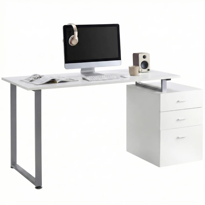 HOMCOM 47" Computer Desk Writing Table Workstation with Multi-Use Reversible File Drawers Metal Frame Home Office Furniture, White