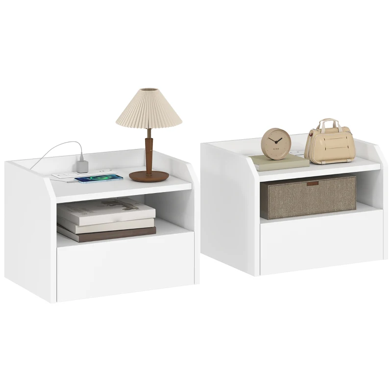 HOMCOM Wall Mounted Bedside Table, Set of 2 Floating Nightstand with Charging Station, Drawer and Open Shelf for Bedroom, White