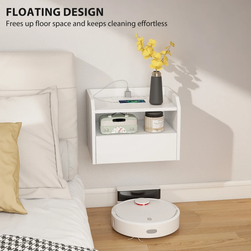 HOMCOM Wall Mounted Bedside Table, Set of 2 Floating Nightstand with Charging Station, Drawer and Open Shelf for Bedroom, White