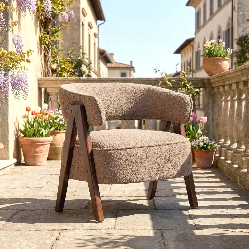 HOMCOM Sherpa Fleece Accent Chair, Upholstered Armchair with Solid Wood Legs and Steel Frame for Living Room, Light Brown